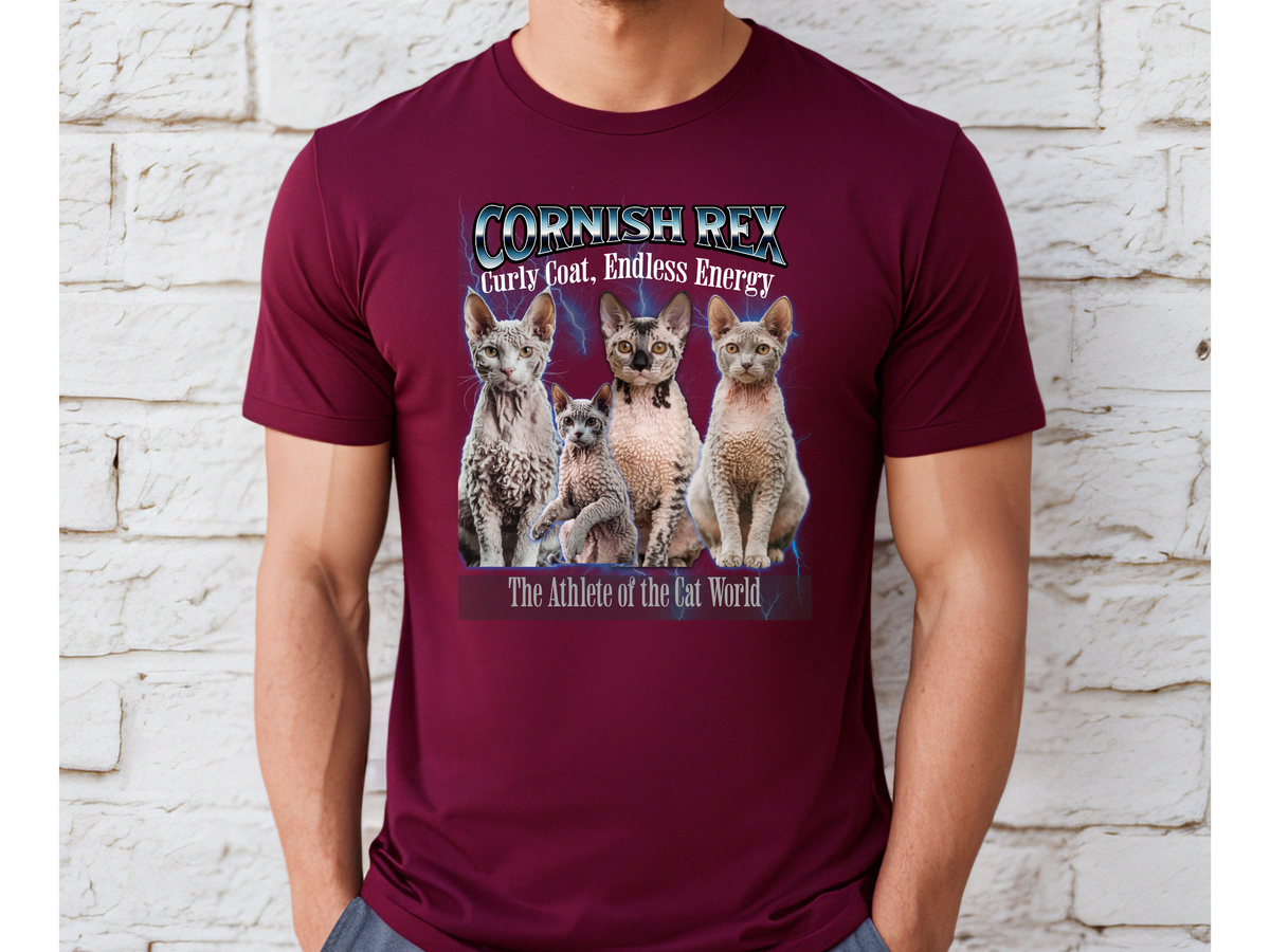 Unisex Cornish Rex Cat Bootleg Collage T-Shirt – “The Athlete of the Cat World” Retro Feline Graphic Tee