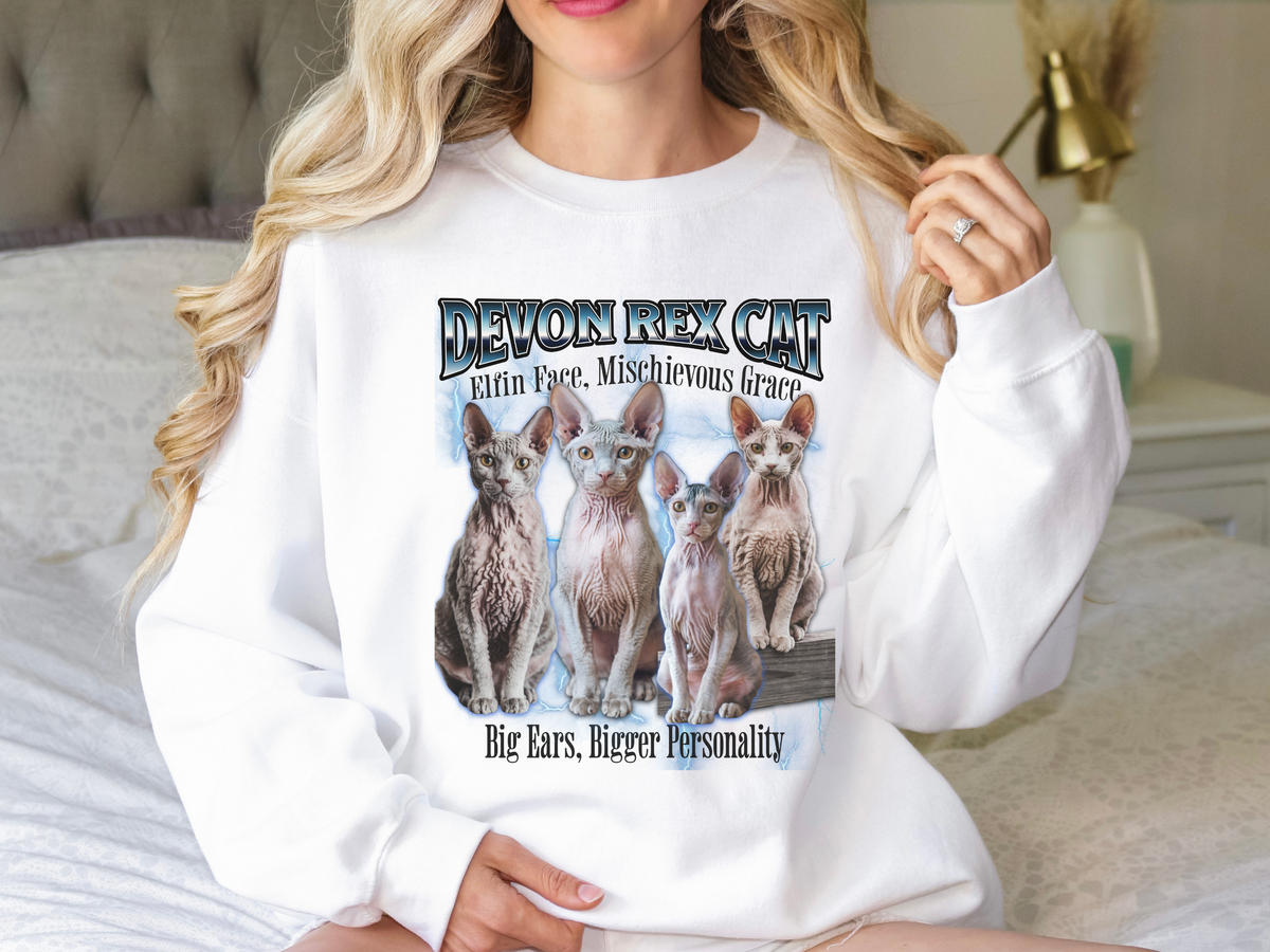 Unisex Devon Rex Cat Bootleg Collage Sweatshirt – “Elfin Face, Mischievous Grace” Vintage-Style Cat Lover Pullover