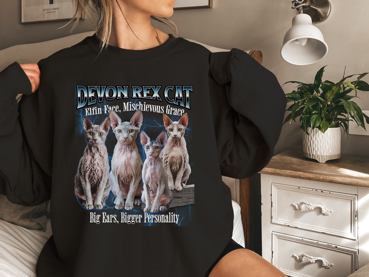 Unisex Devon Rex Cat Bootleg Collage Sweatshirt – “Elfin Face, Mischievous Grace” Vintage-Style Cat Lover Pullover