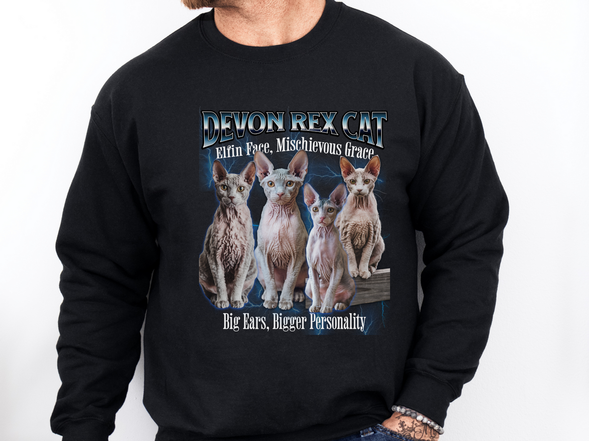 Unisex Devon Rex Cat Bootleg Collage Sweatshirt – “Elfin Face, Mischievous Grace” Vintage-Style Cat Lover Pullover