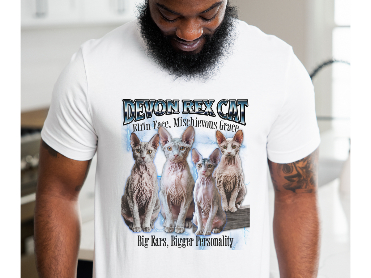 Unisex Devon Rex Cat Bootleg Collage T-Shirt – “Elfin Face, Mischievous Grace” Retro Feline Streetwear Tee