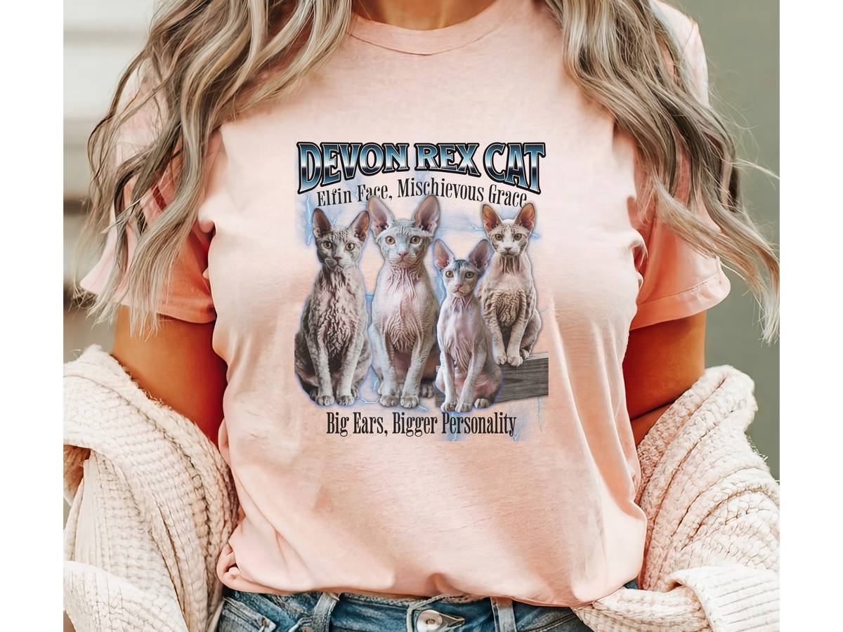Unisex Devon Rex Cat Bootleg Collage T-Shirt – “Elfin Face, Mischievous Grace” Retro Feline Streetwear Tee