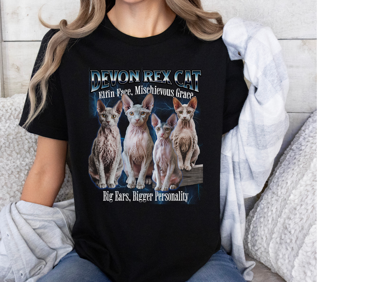 Unisex Devon Rex Cat Bootleg Collage T-Shirt – “Elfin Face, Mischievous Grace” Retro Feline Streetwear Tee