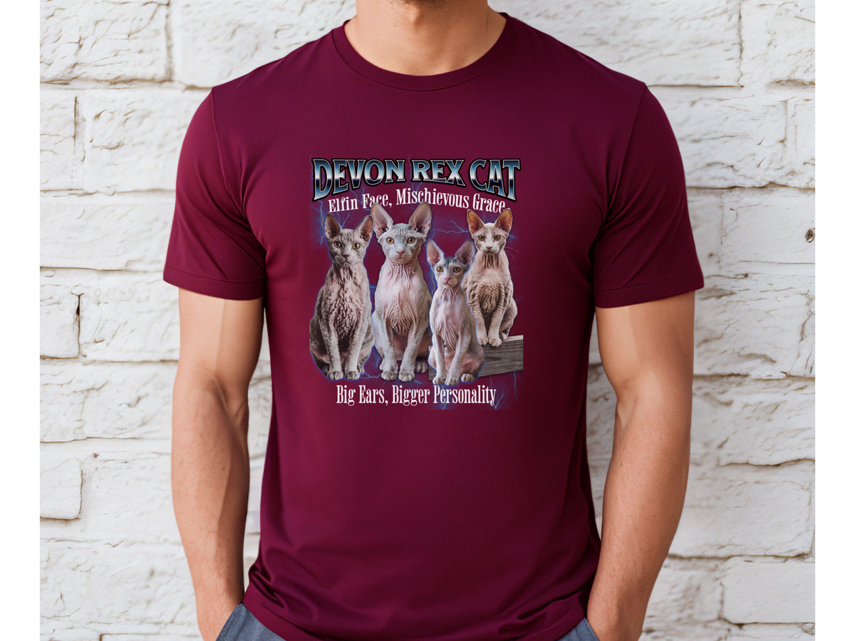 Unisex Devon Rex Cat Bootleg Collage T-Shirt – “Elfin Face, Mischievous Grace” Retro Feline Streetwear Tee