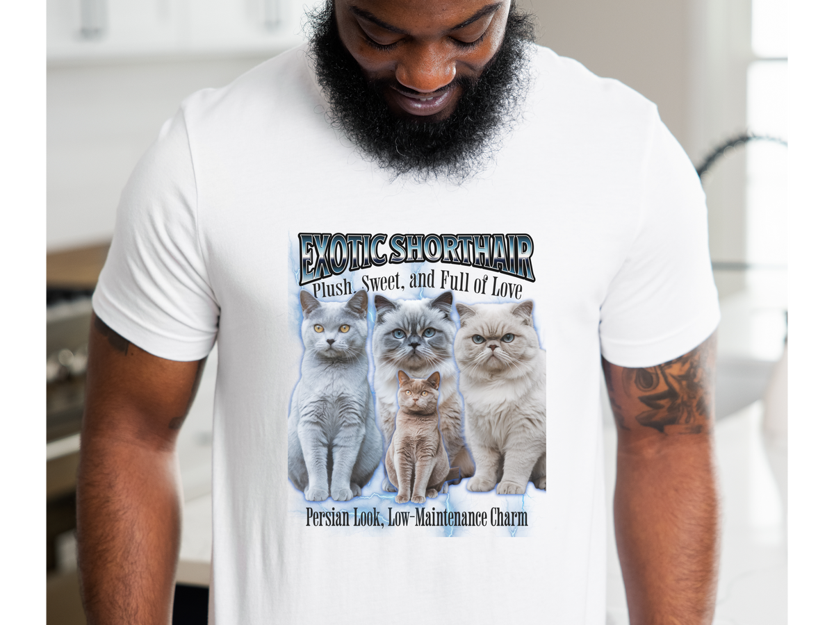 Unisex Exotic Shorthair Cat Bootleg Collage T-Shirt – “Exotic Shorthair Cat” Retro Feline Graphic Tee
