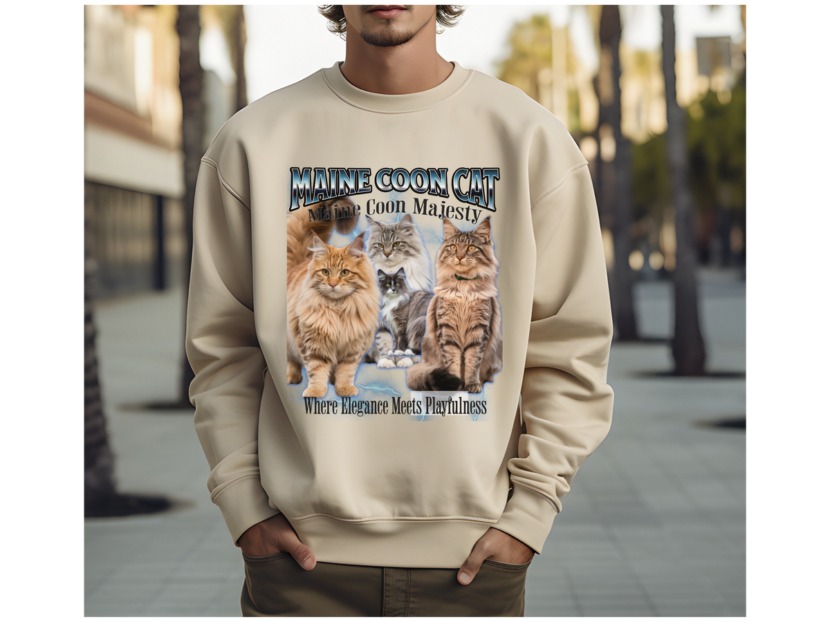 Unisex Maine Coon Cat Bootleg Collage Sweatshirt – “Maine Coon Majesty” Vintage Graphic Pullover for Cat Lovers