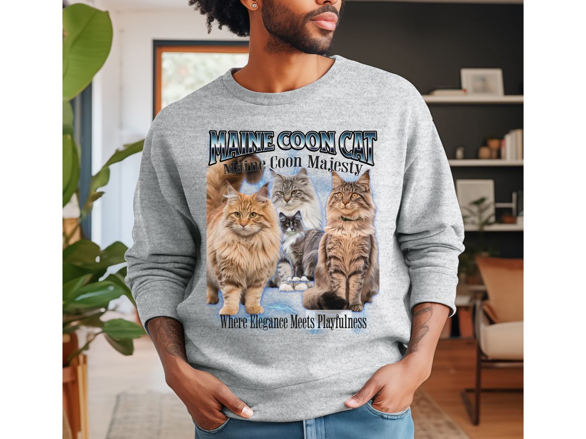 Unisex Maine Coon Cat Bootleg Collage Sweatshirt – “Maine Coon Majesty” Vintage Graphic Pullover for Cat Lovers