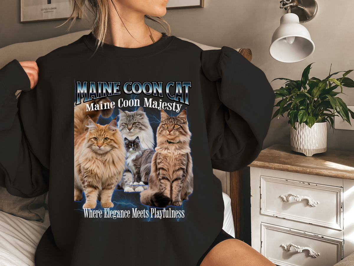 Unisex Maine Coon Cat Bootleg Collage Sweatshirt – “Maine Coon Majesty” Vintage Graphic Pullover for Cat Lovers