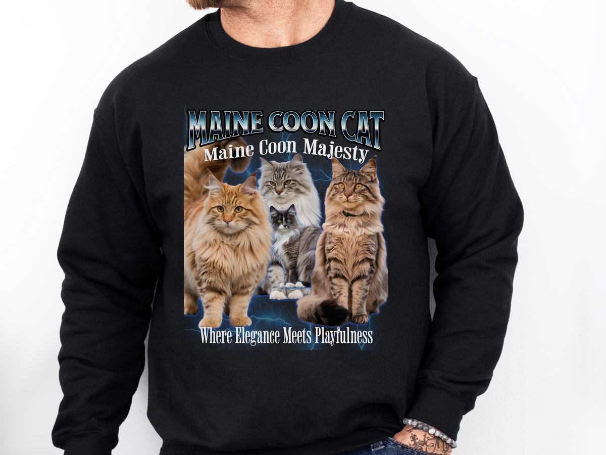Unisex Maine Coon Cat Bootleg Collage Sweatshirt – “Maine Coon Majesty” Vintage Graphic Pullover for Cat Lovers
