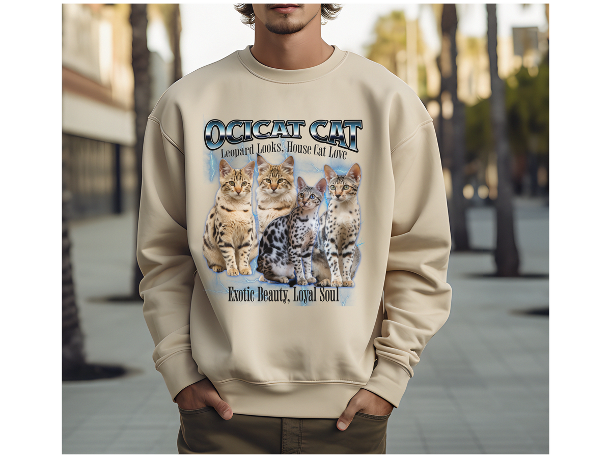 Unisex Ocicat Cat Bootleg Collage Sweatshirt – “Leopard Looks, House Cat Love” Retro Wild-Style Cat Pullove