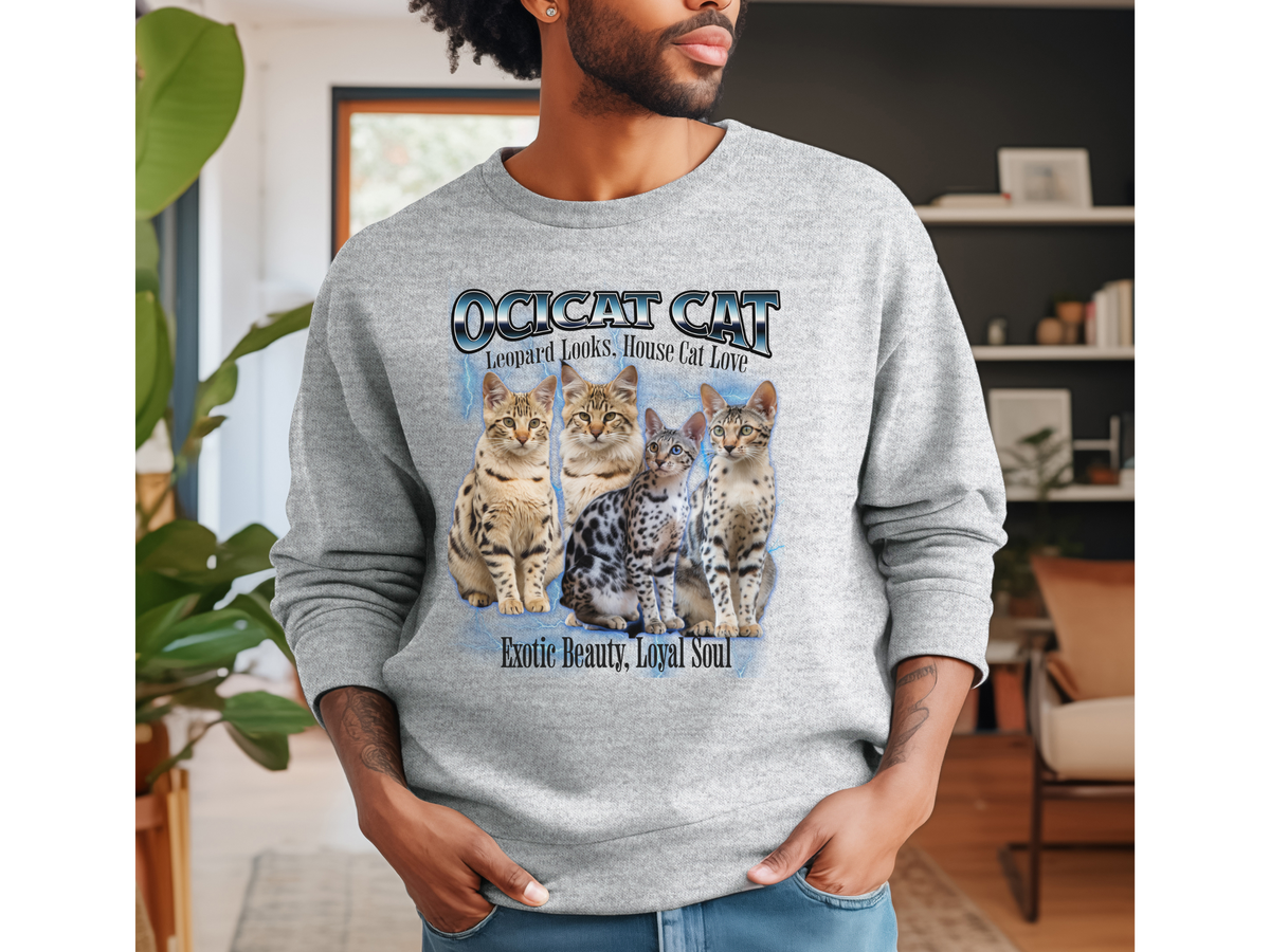 Unisex Ocicat Cat Bootleg Collage Sweatshirt – “Leopard Looks, House Cat Love” Retro Wild-Style Cat Pullove