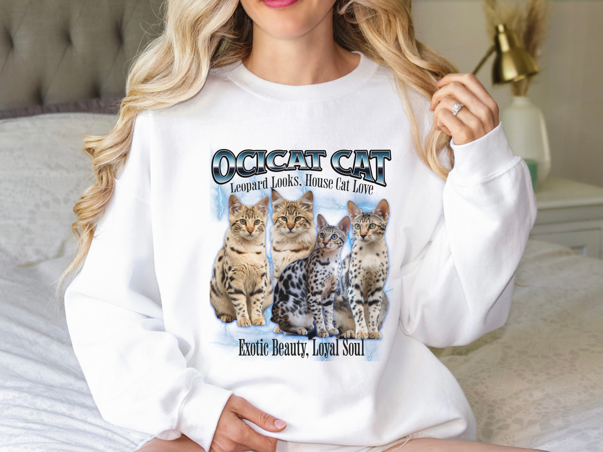 Unisex Ocicat Cat Bootleg Collage Sweatshirt – “Leopard Looks, House Cat Love” Retro Wild-Style Cat Pullove