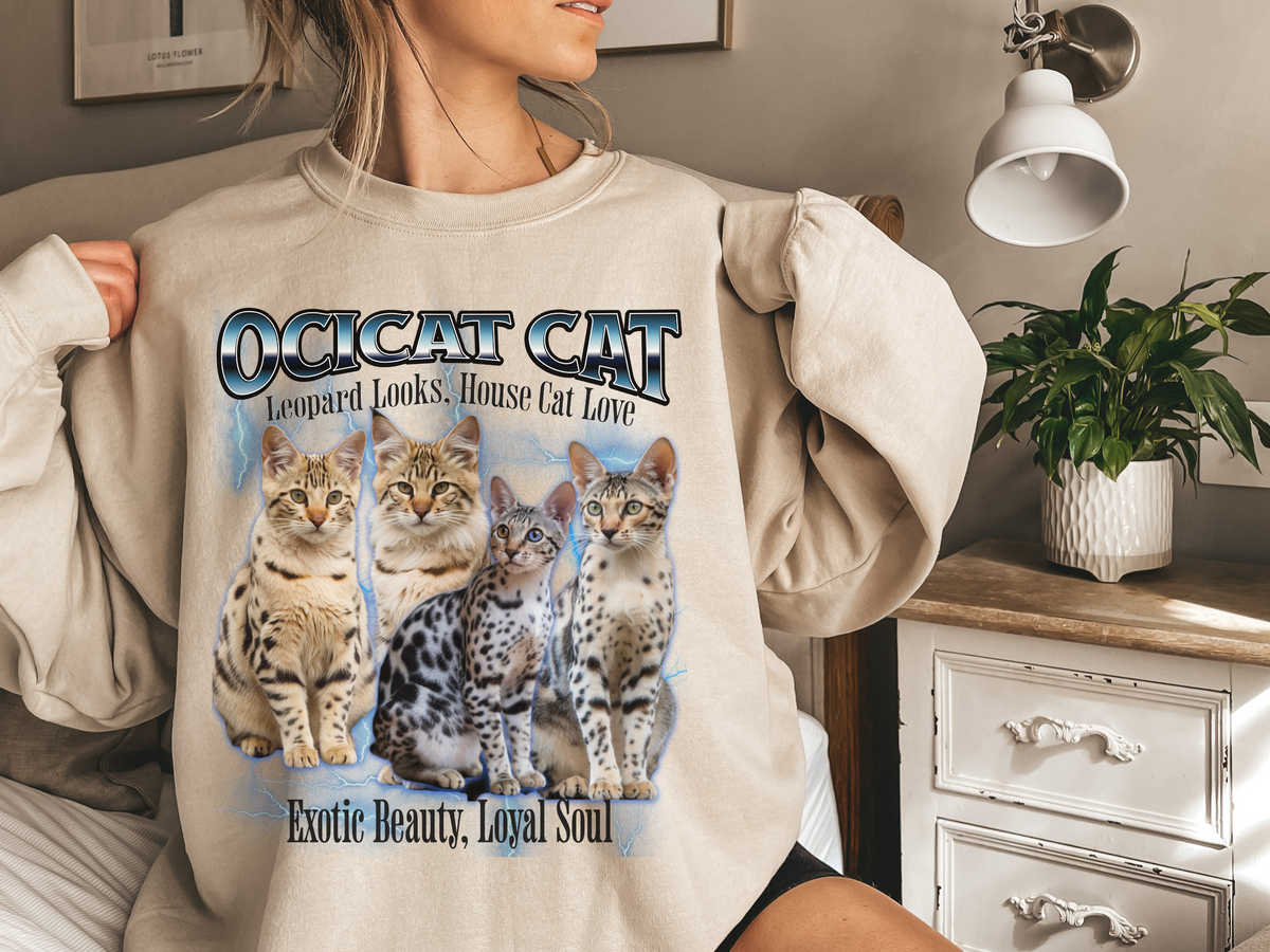 Unisex Ocicat Cat Bootleg Collage Sweatshirt – “Leopard Looks, House Cat Love” Retro Wild-Style Cat Pullove