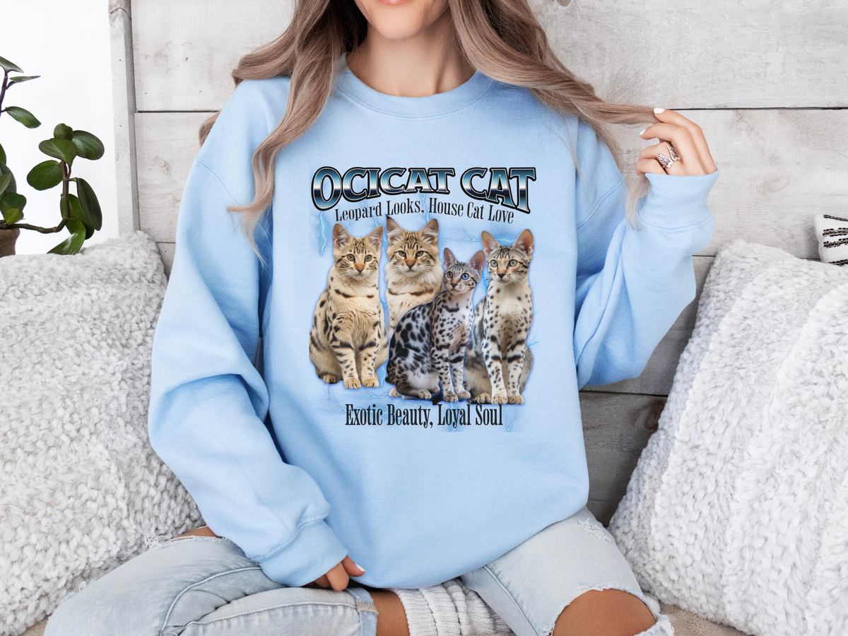 Unisex Ocicat Cat Bootleg Collage Sweatshirt – “Leopard Looks, House Cat Love” Retro Wild-Style Cat Pullove