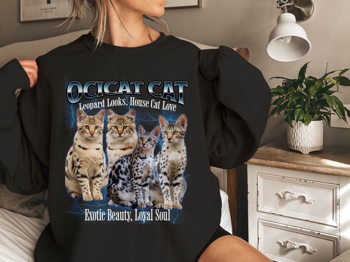 Unisex Ocicat Cat Bootleg Collage Sweatshirt – “Leopard Looks, House Cat Love” Retro Wild-Style Cat Pullove