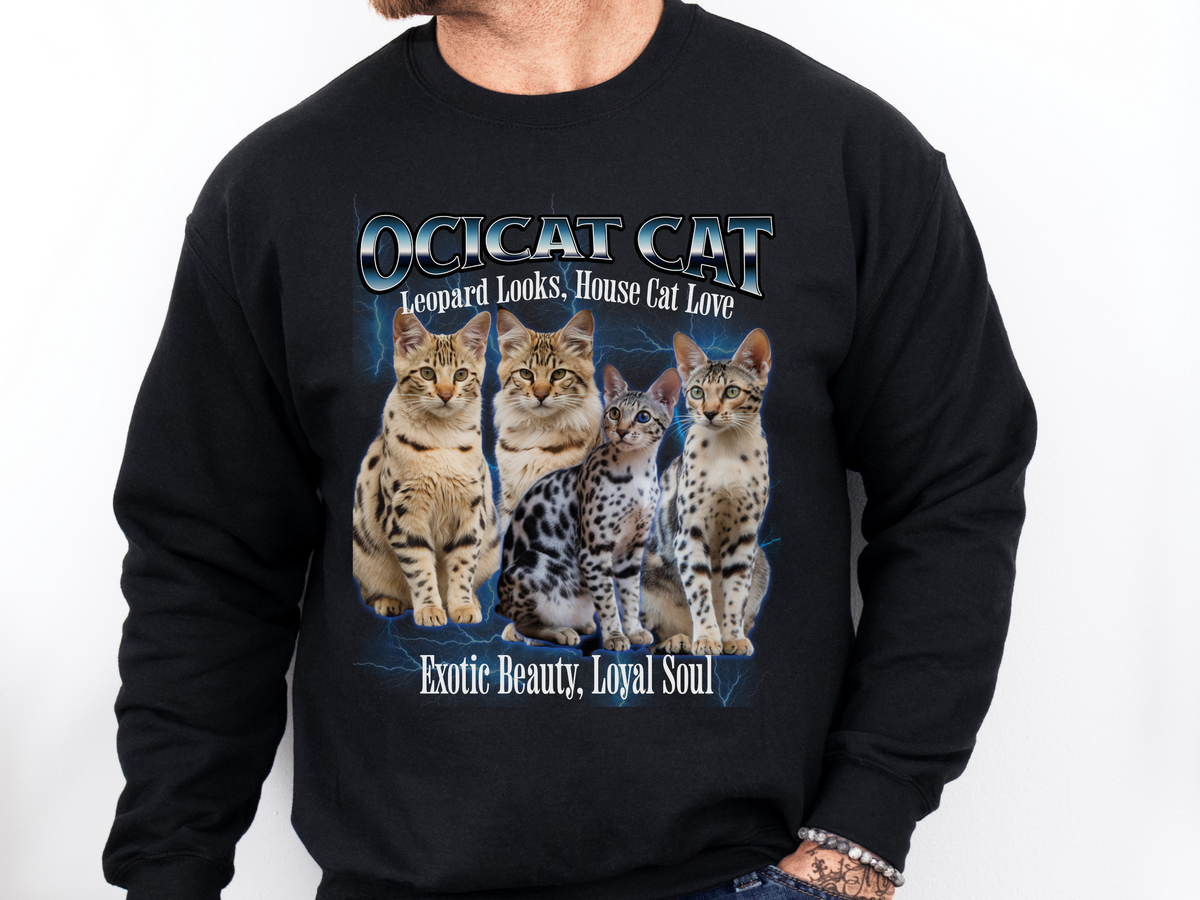 Unisex Ocicat Cat Bootleg Collage Sweatshirt – “Leopard Looks, House Cat Love” Retro Wild-Style Cat Pullove