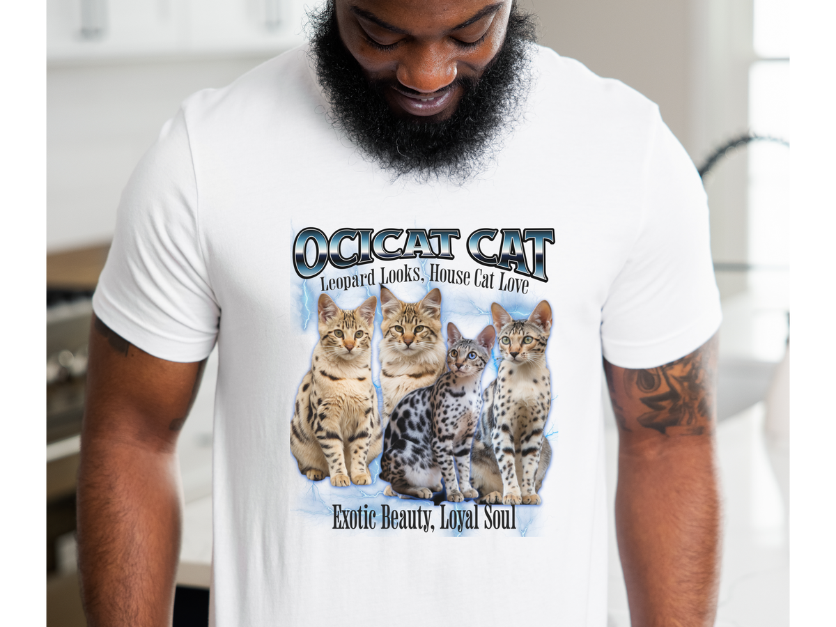 Unisex Ocicat Cat Bootleg Collage T-Shirt – “Leopard Looks, House Cat Love” Retro Feline Graphic Tee