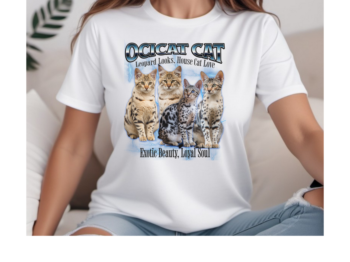 Unisex Ocicat Cat Bootleg Collage T-Shirt – “Leopard Looks, House Cat Love” Retro Feline Graphic Tee