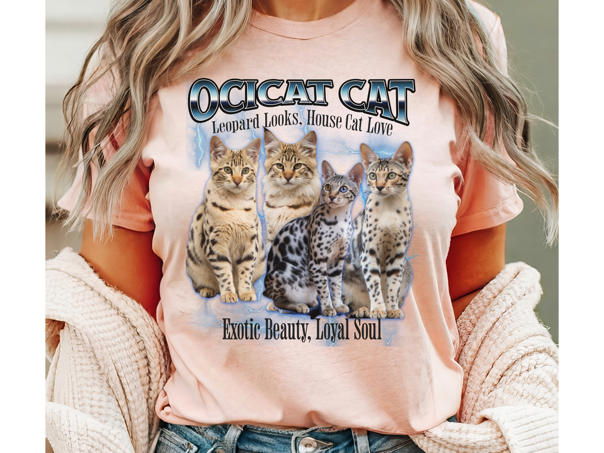 Unisex Ocicat Cat Bootleg Collage T-Shirt – “Leopard Looks, House Cat Love” Retro Feline Graphic Tee