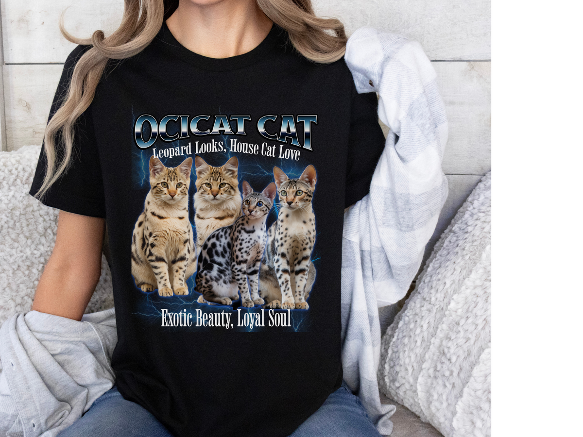Unisex Ocicat Cat Bootleg Collage T-Shirt – “Leopard Looks, House Cat Love” Retro Feline Graphic Tee