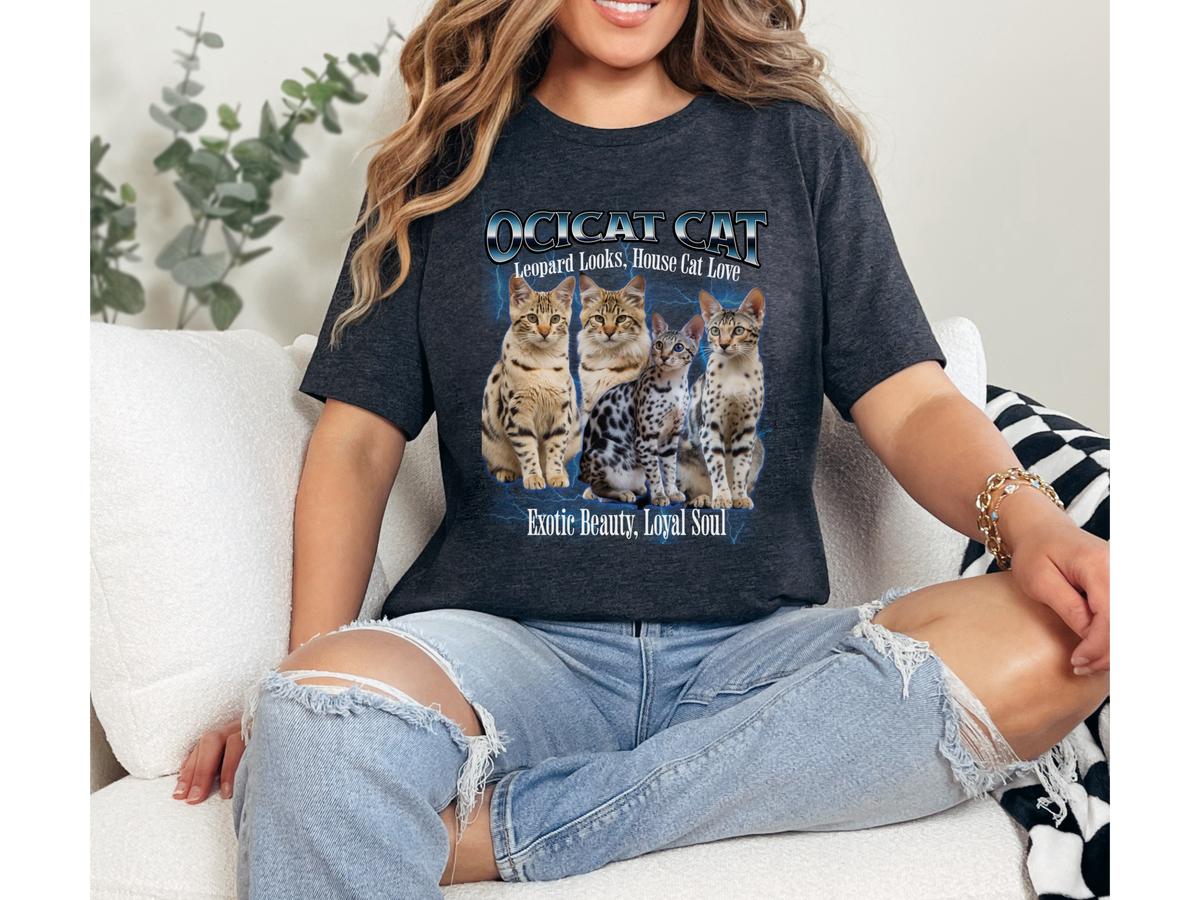 Unisex Ocicat Cat Bootleg Collage T-Shirt – “Leopard Looks, House Cat Love” Retro Feline Graphic Tee