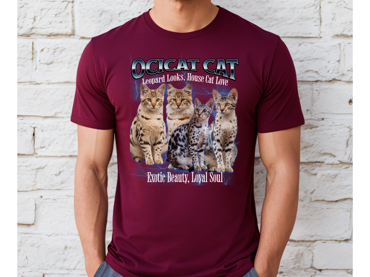 Unisex Ocicat Cat Bootleg Collage T-Shirt – “Leopard Looks, House Cat Love” Retro Feline Graphic Tee