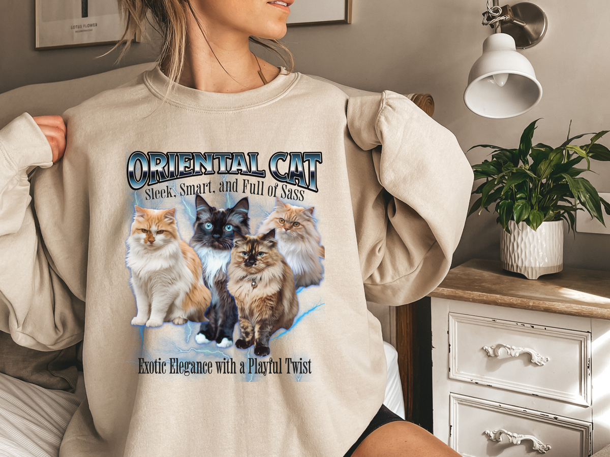 Unisex Oriental Cat Bootleg Collage Sweatshirt – “Sleek, Smart, and Full of Sass” Retro Cat Lover Pullover