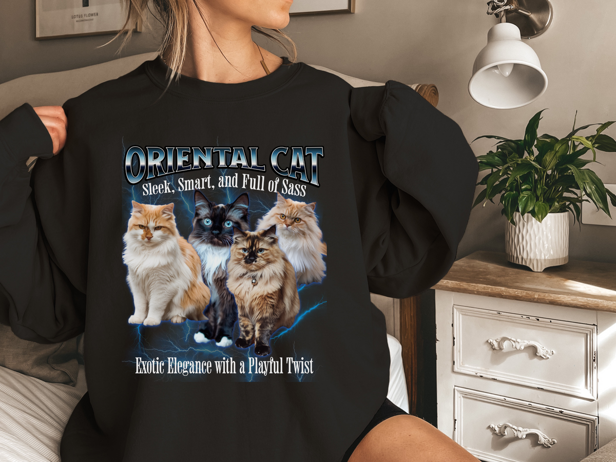 Unisex Oriental Cat Bootleg Collage Sweatshirt – “Sleek, Smart, and Full of Sass” Retro Cat Lover Pullover