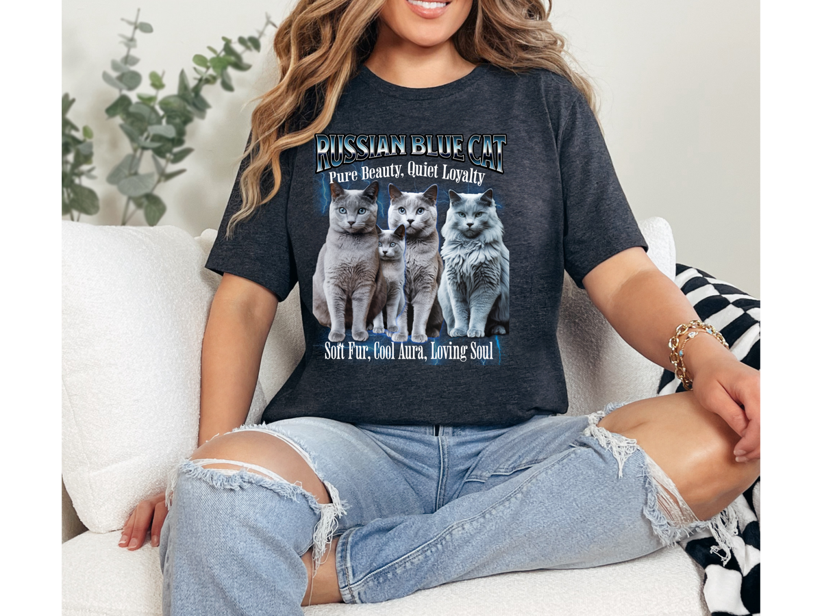 Unisex Persian Blue Cat Bootleg Collage T-Shirt – “Pure Beauty, Quiet Loyalty” Vintage Feline Graphic Tee