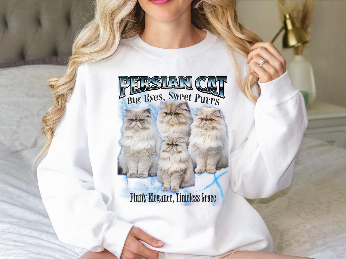 Unisex Persian Cat Bootleg Collage Sweatshirt – “Big Eyes, Sweet Purrs” Vintage-Style Cozy Cat Pullover