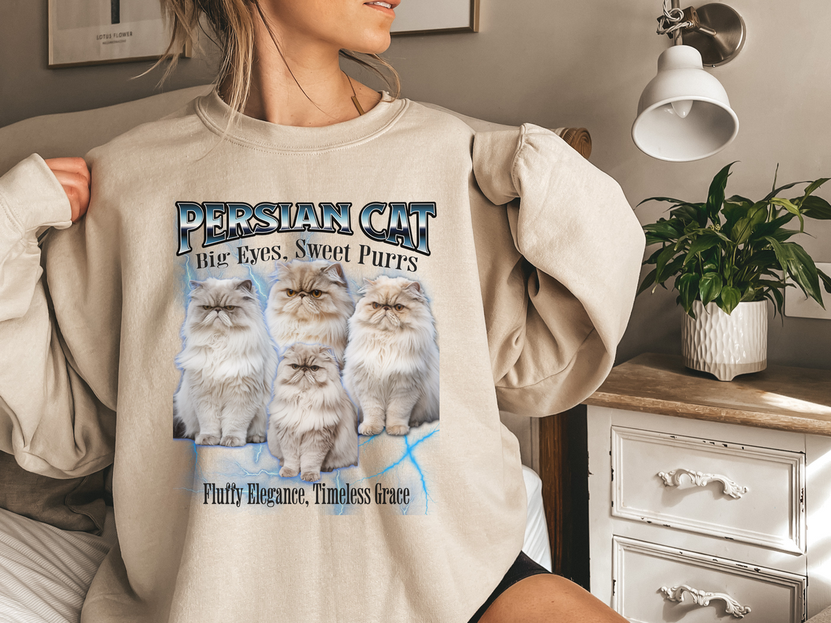 Unisex Persian Cat Bootleg Collage Sweatshirt – “Big Eyes, Sweet Purrs” Vintage-Style Cozy Cat Pullover
