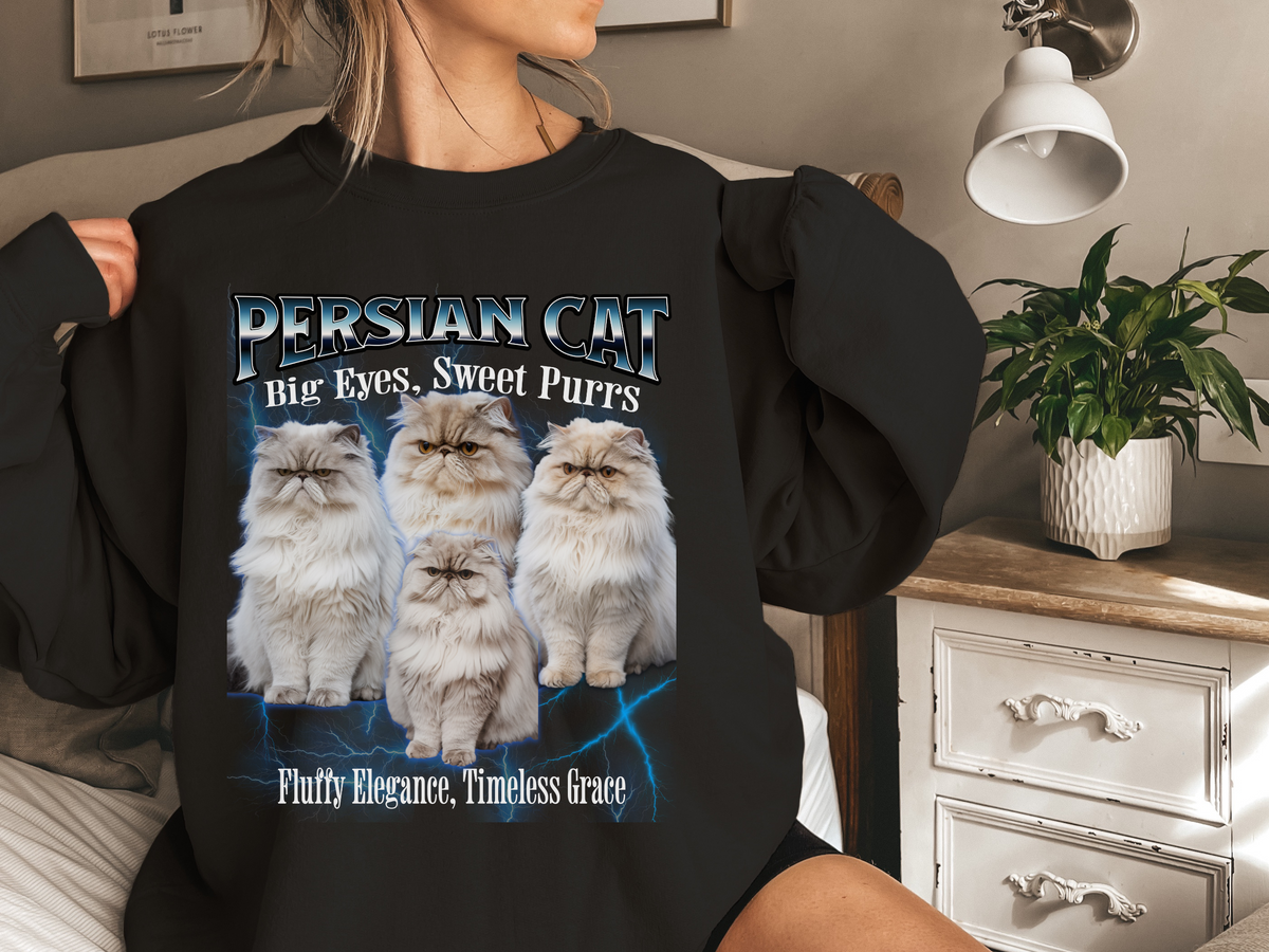 Unisex Persian Cat Bootleg Collage Sweatshirt – “Big Eyes, Sweet Purrs” Vintage-Style Cozy Cat Pullover
