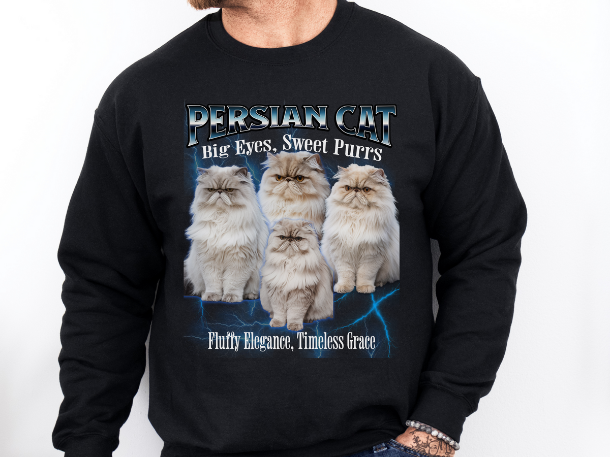 Unisex Persian Cat Bootleg Collage Sweatshirt – “Big Eyes, Sweet Purrs” Vintage-Style Cozy Cat Pullover