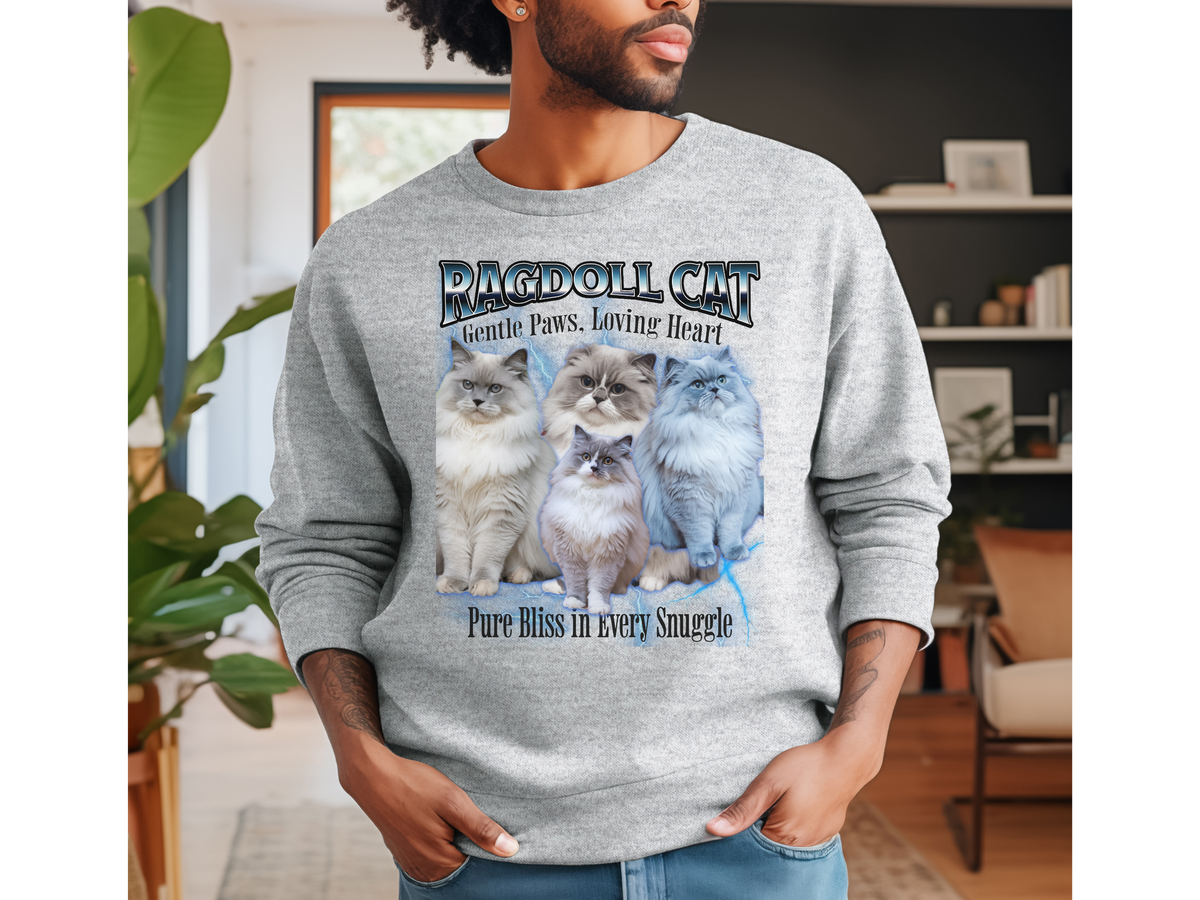 Unisex Ragdoll Cat Bootleg Collage Sweatshirt – “Gentle Paws, Loving Heart” Cozy Retro Cat Lover Pullover