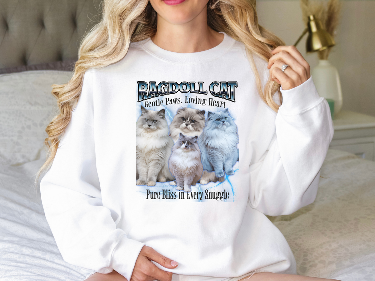 Unisex Ragdoll Cat Bootleg Collage Sweatshirt – “Gentle Paws, Loving Heart” Cozy Retro Cat Lover Pullover