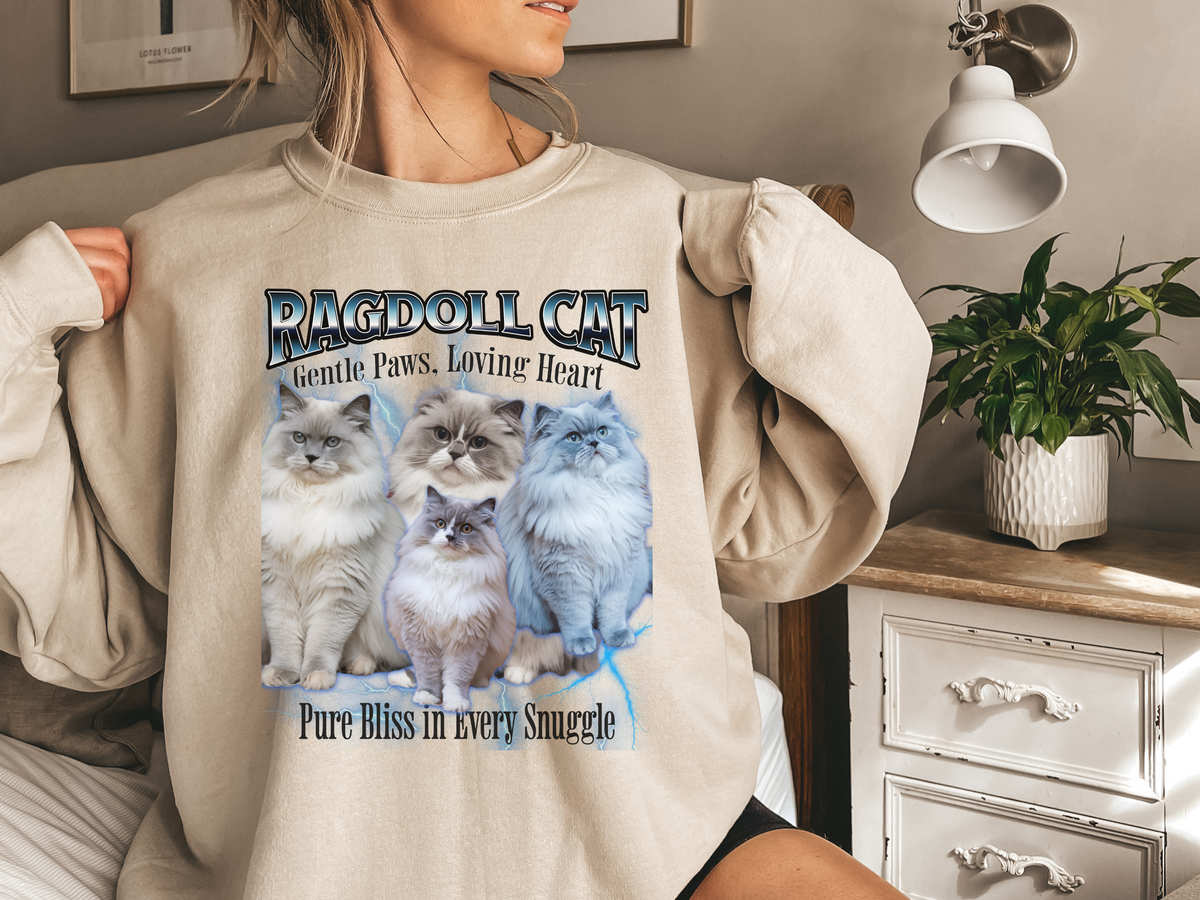 Unisex Ragdoll Cat Bootleg Collage Sweatshirt – “Gentle Paws, Loving Heart” Cozy Retro Cat Lover Pullover