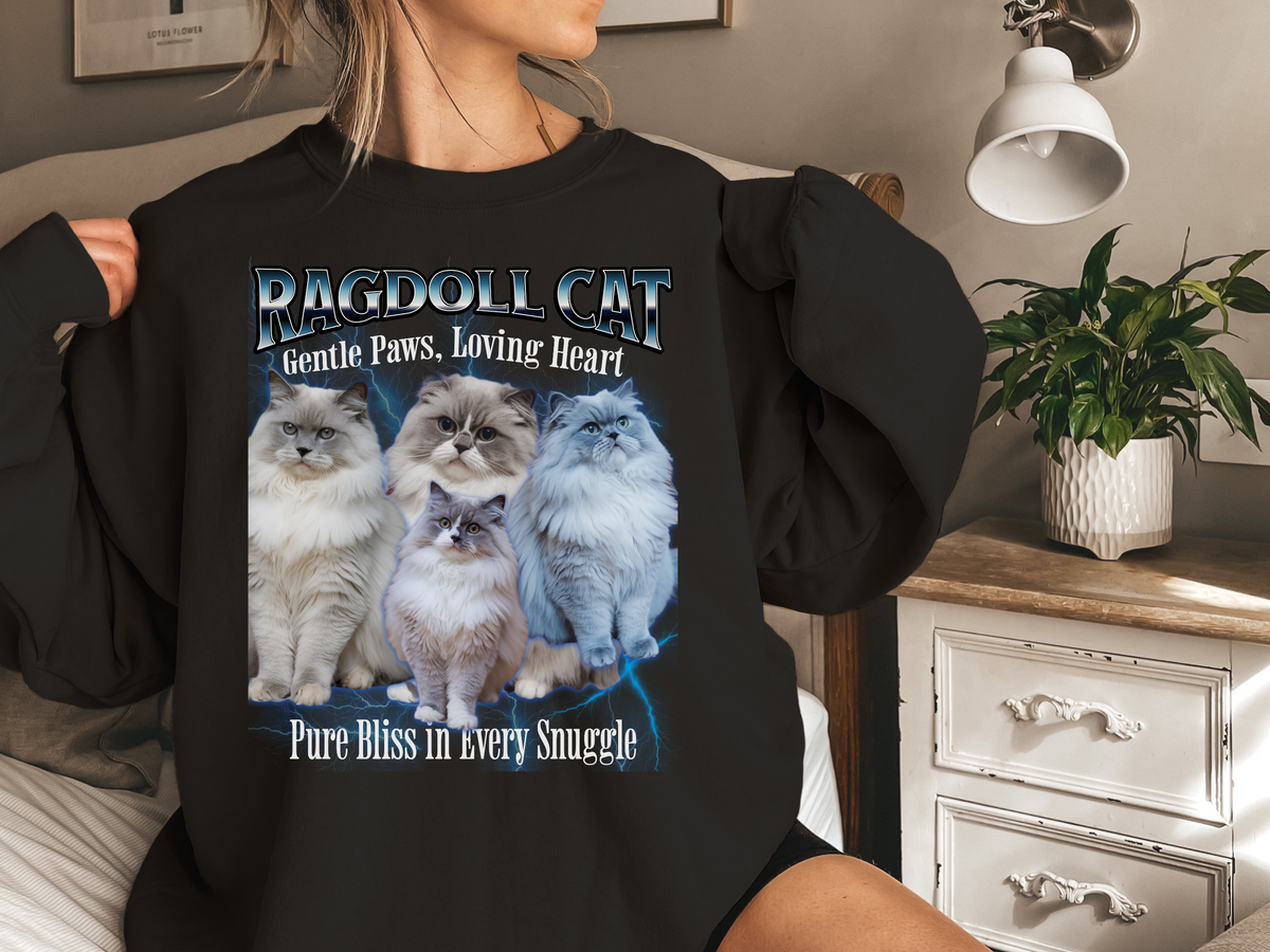 Unisex Ragdoll Cat Bootleg Collage Sweatshirt – “Gentle Paws, Loving Heart” Cozy Retro Cat Lover Pullover