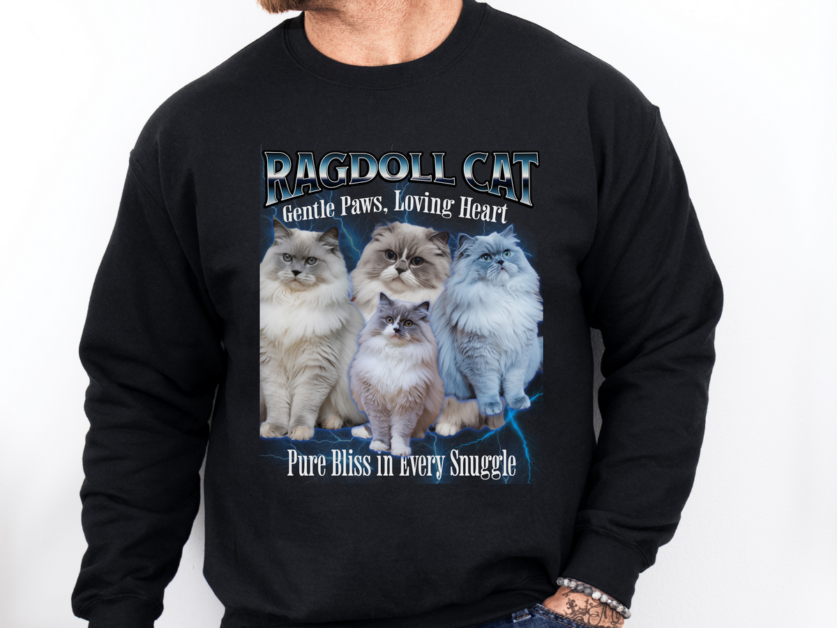 Unisex Ragdoll Cat Bootleg Collage Sweatshirt – “Gentle Paws, Loving Heart” Cozy Retro Cat Lover Pullover