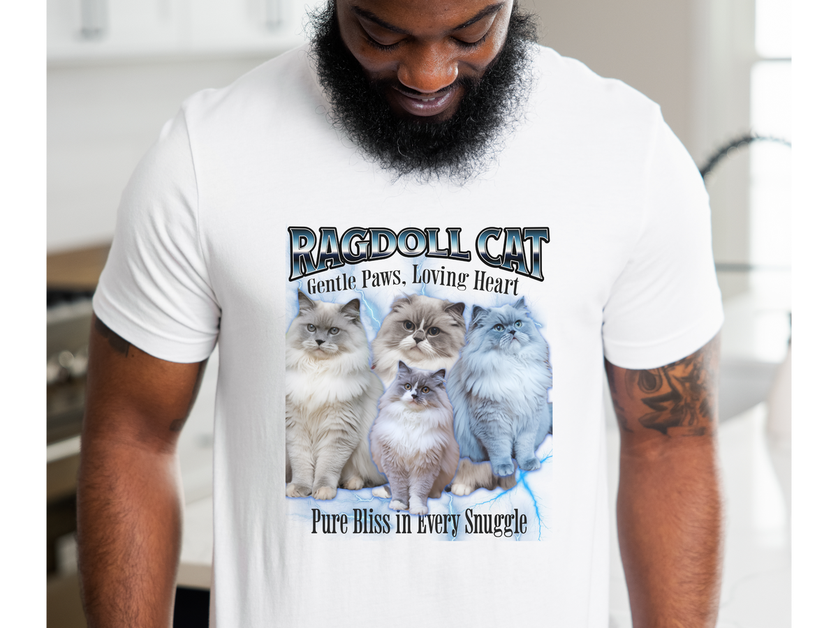 Unisex Ragdoll Cat Bootleg Collage T-Shirt – “Gentle Paws, Loving Heart” Vintage Style Feline Graphic Tee
