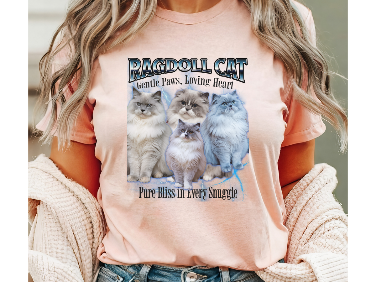 Unisex Ragdoll Cat Bootleg Collage T-Shirt – “Gentle Paws, Loving Heart” Vintage Style Feline Graphic Tee