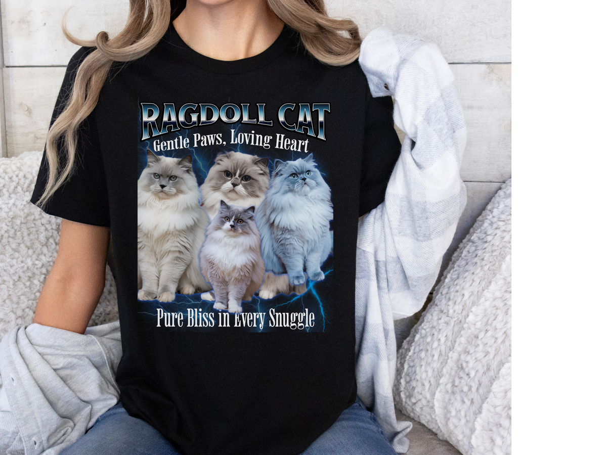 Unisex Ragdoll Cat Bootleg Collage T-Shirt – “Gentle Paws, Loving Heart” Vintage Style Feline Graphic Tee