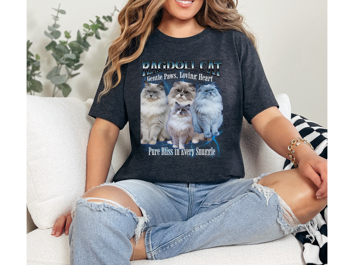 Unisex Ragdoll Cat Bootleg Collage T-Shirt – “Gentle Paws, Loving Heart” Vintage Style Feline Graphic Tee
