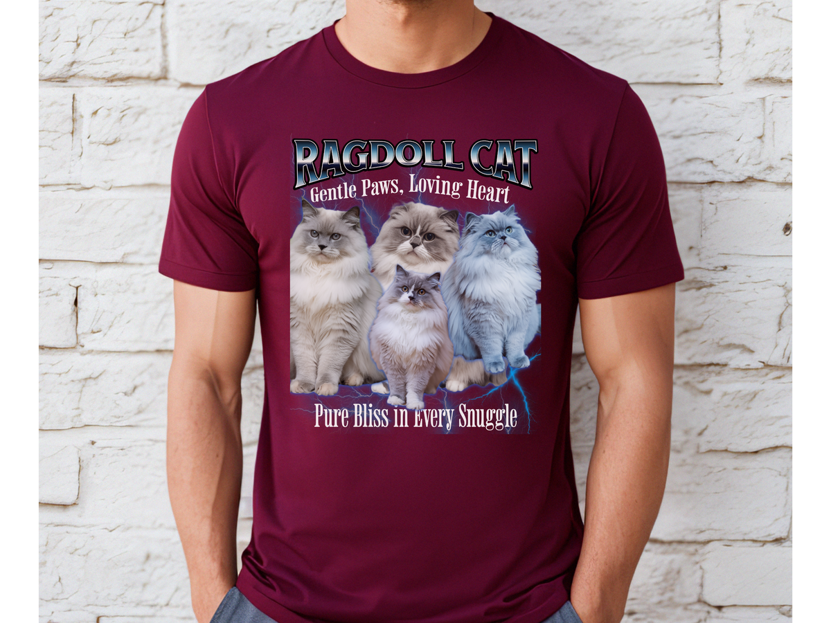 Unisex Ragdoll Cat Bootleg Collage T-Shirt – “Gentle Paws, Loving Heart” Vintage Style Feline Graphic Tee