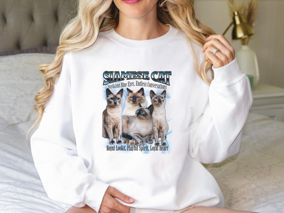 Unisex Siamese Cat Bootleg Collage Sweatshirt – “Striking Blue Eyes, Endless Conversations!” Retro Cat Lover Pullover