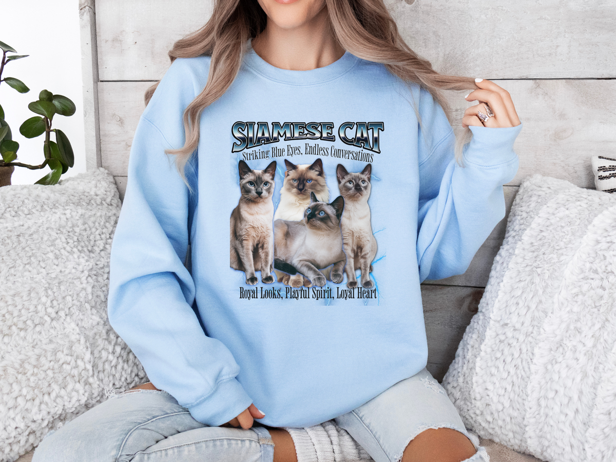 Unisex Siamese Cat Bootleg Collage Sweatshirt – “Striking Blue Eyes, Endless Conversations!” Retro Cat Lover Pullover
