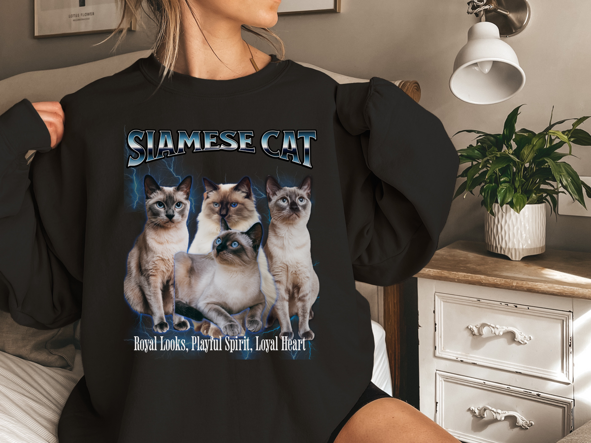 Unisex Siamese Cat Bootleg Collage Sweatshirt – “Striking Blue Eyes, Endless Conversations!” Retro Cat Lover Pullover