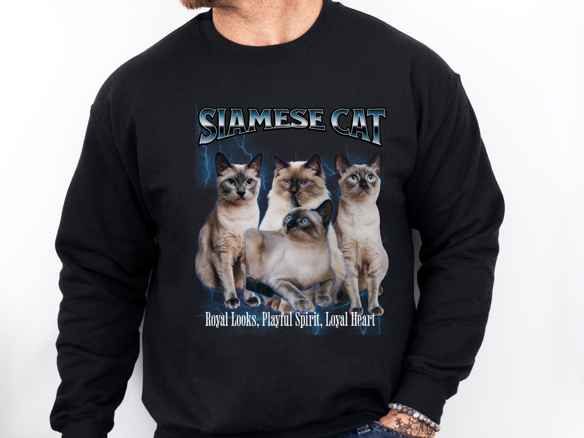 Unisex Siamese Cat Bootleg Collage Sweatshirt – “Striking Blue Eyes, Endless Conversations!” Retro Cat Lover Pullover