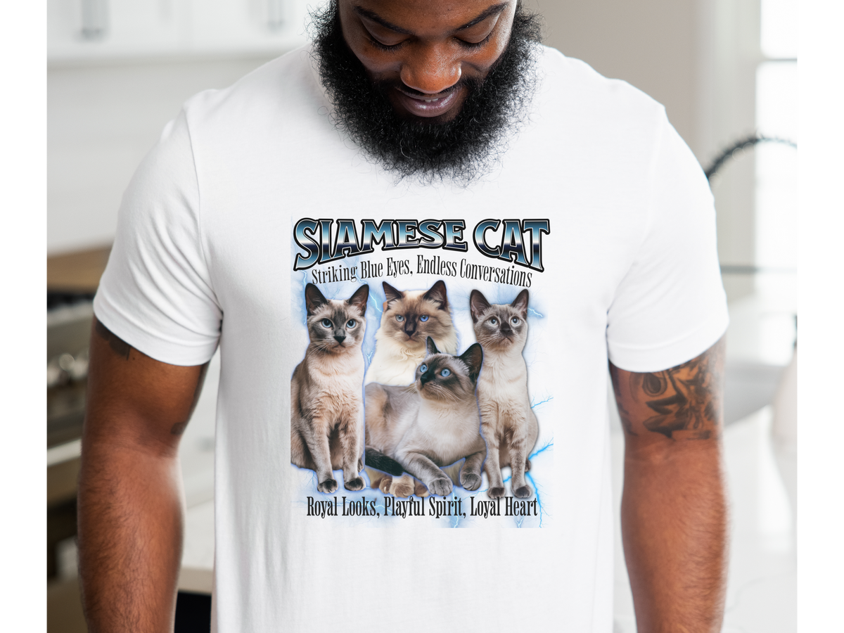 Unisex Siamese Cat Bootleg Collage T-Shirt – “Striking Blue Eyes, Endless Conversations” Retro Feline Graphic Tee