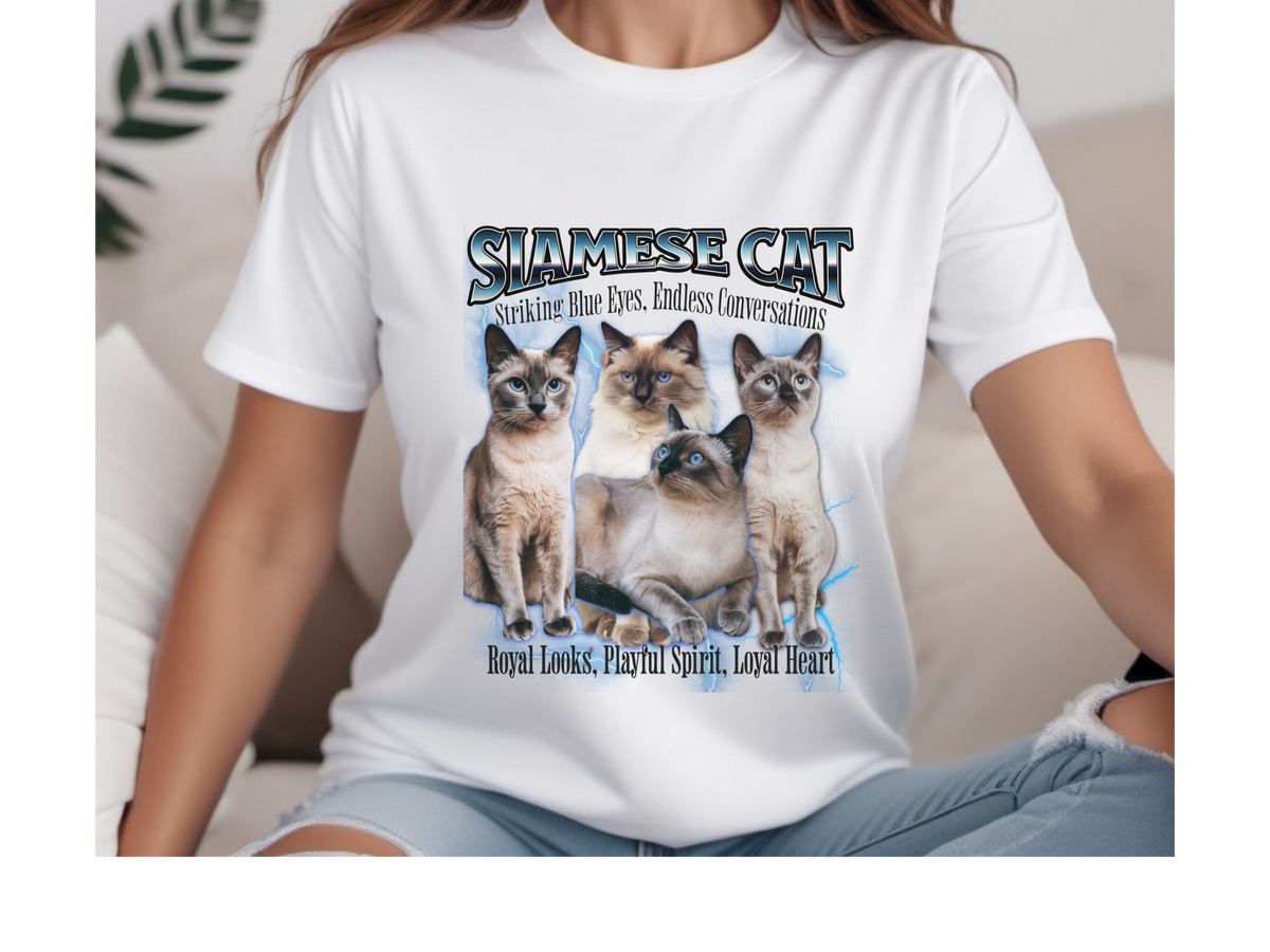 Unisex Siamese Cat Bootleg Collage T-Shirt – “Striking Blue Eyes, Endless Conversations” Retro Feline Graphic Tee