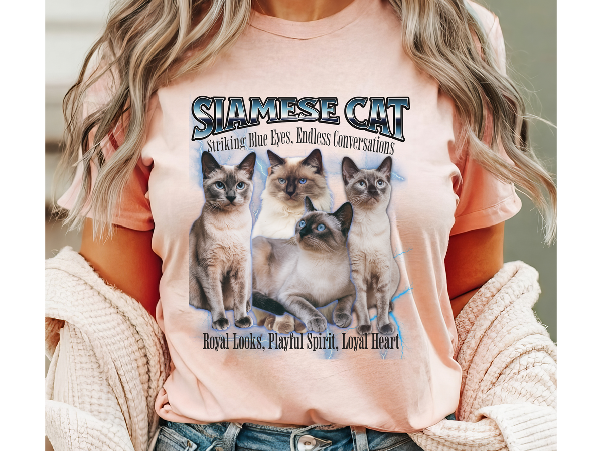 Unisex Siamese Cat Bootleg Collage T-Shirt – “Striking Blue Eyes, Endless Conversations” Retro Feline Graphic Tee